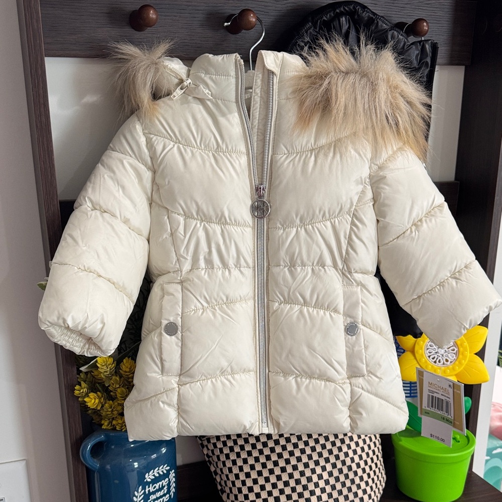 Michael Kors White Puffer Coat with Faux Fur Hood